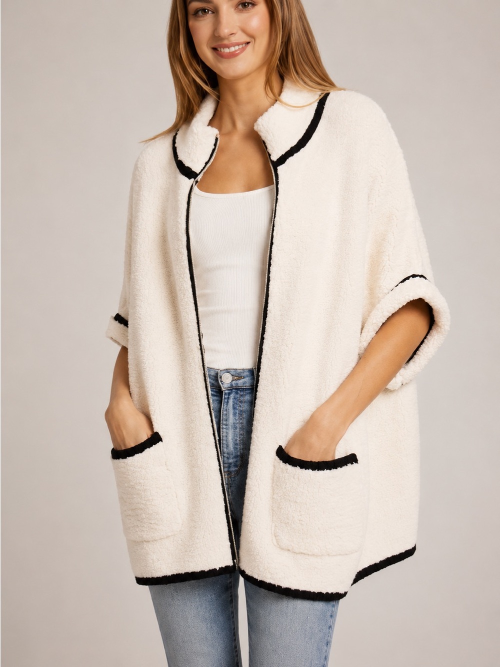New! Colored Edge Zip Jacket-White